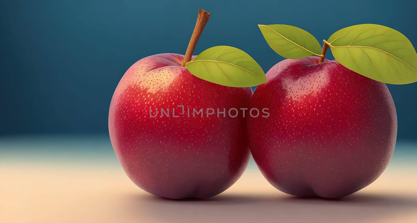 The image depicts two ripe red apples on a green background.