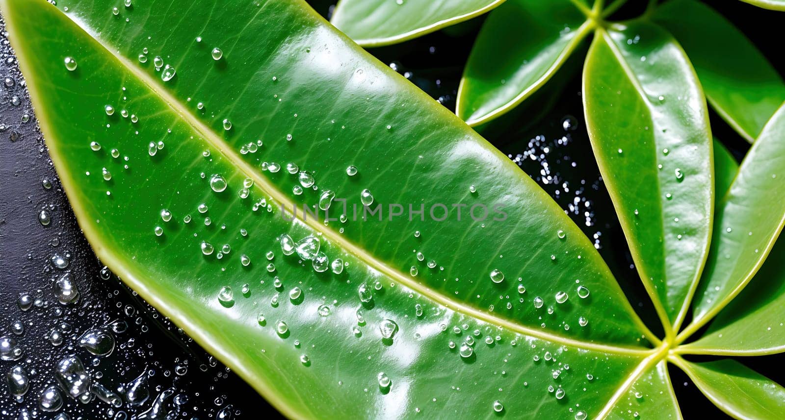 The image shows a group of green leaves with water droplets on them.