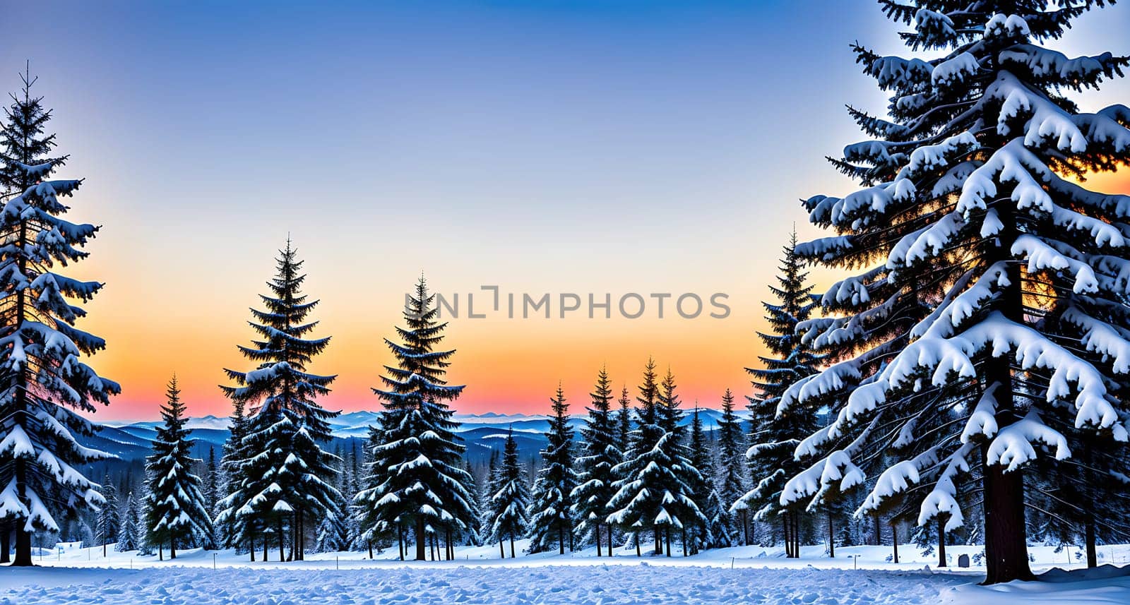 The image shows a winter scene with snow covered trees and a sunset in the background.