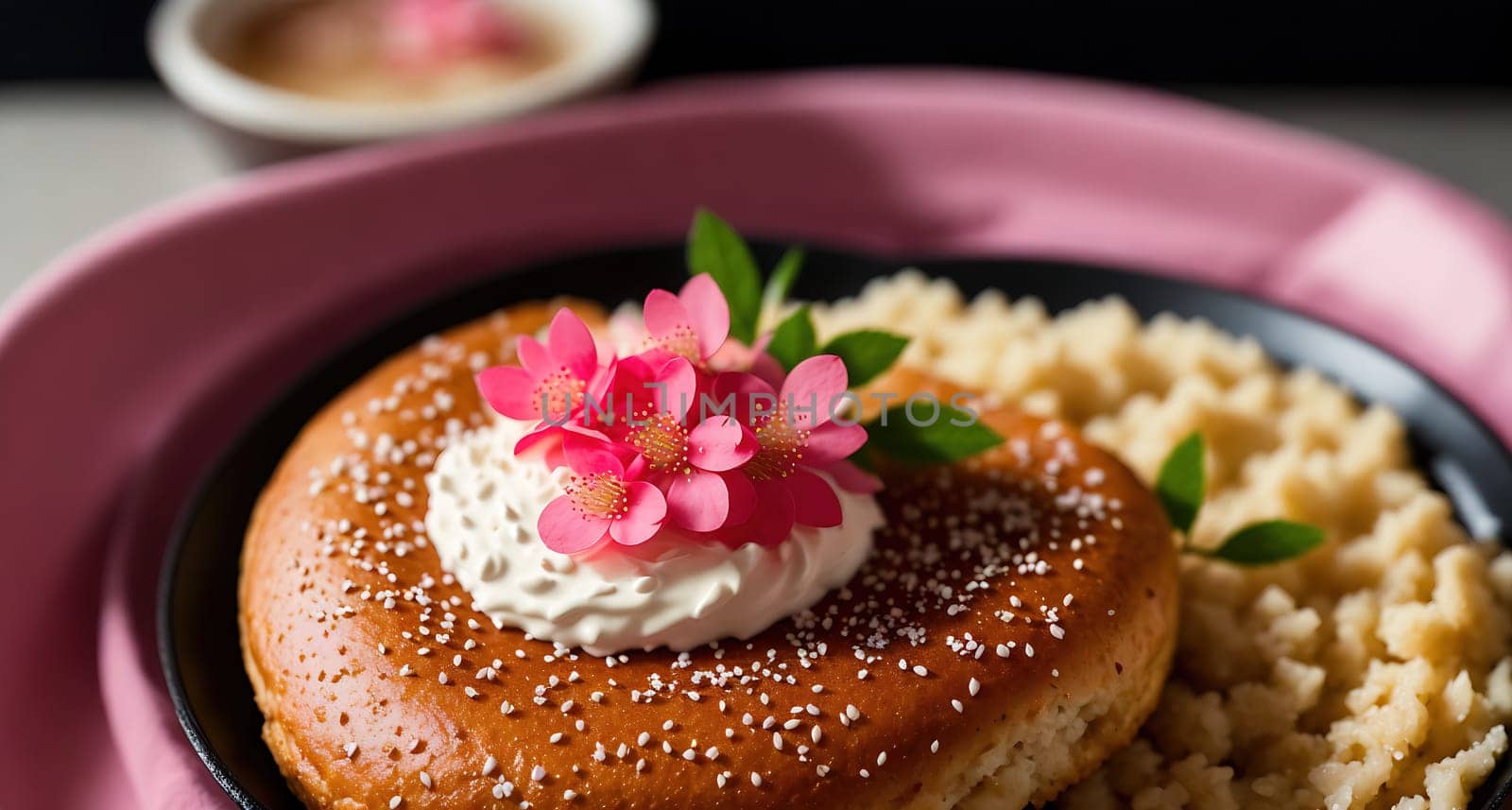 The image shows a plate of food with a hamburger, fries, and a side of rice, topped with a pink flower.