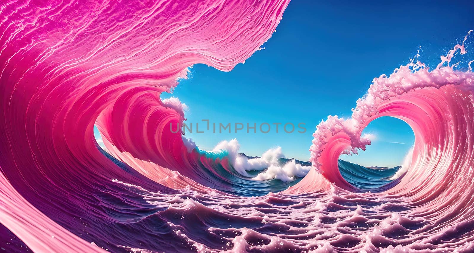 A pink wave crashing against the shore, with the sun setting in the background. by creart