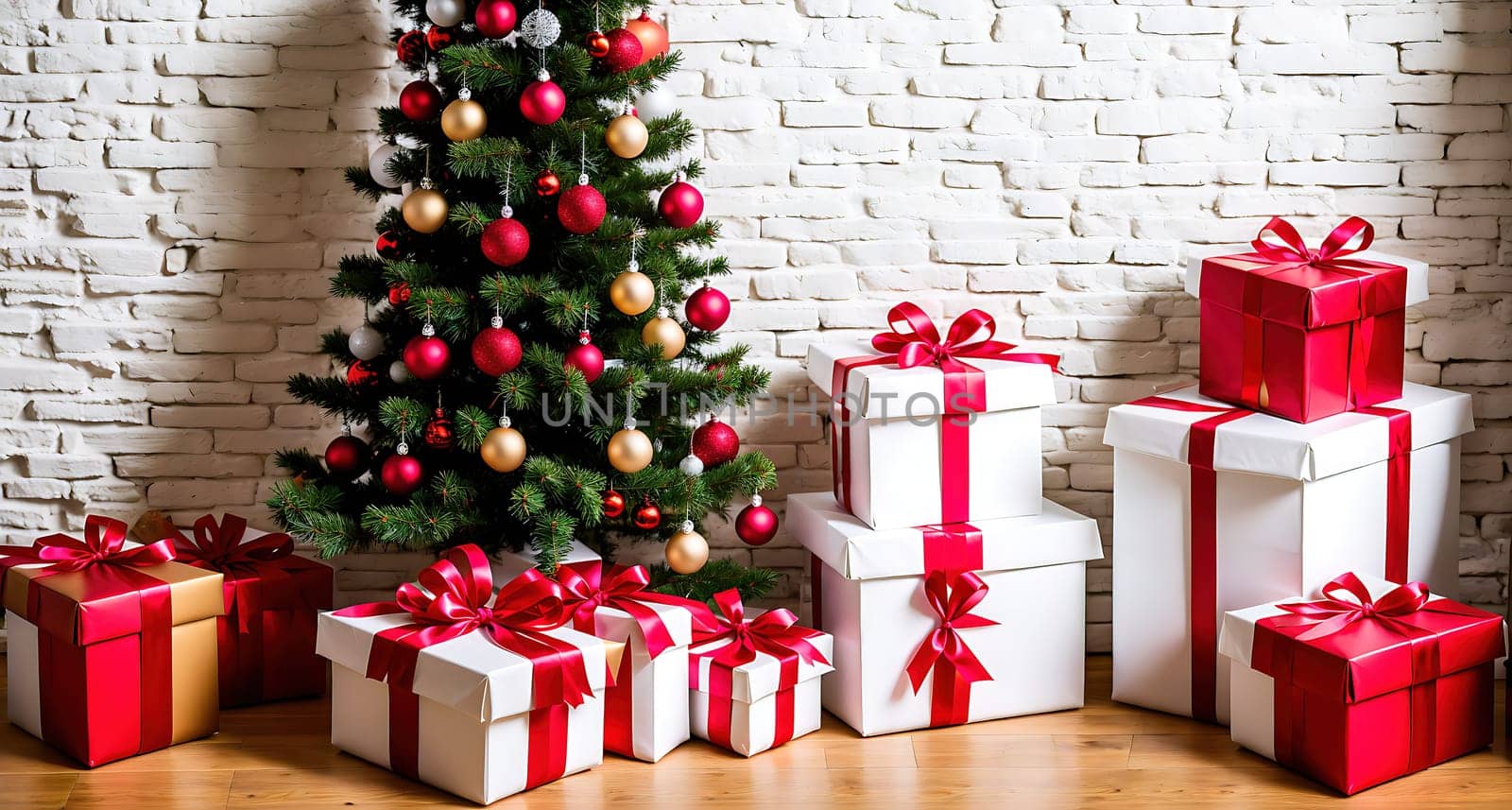 The image shows a room with a Christmas tree in the corner, surrounded by presents and decorations.