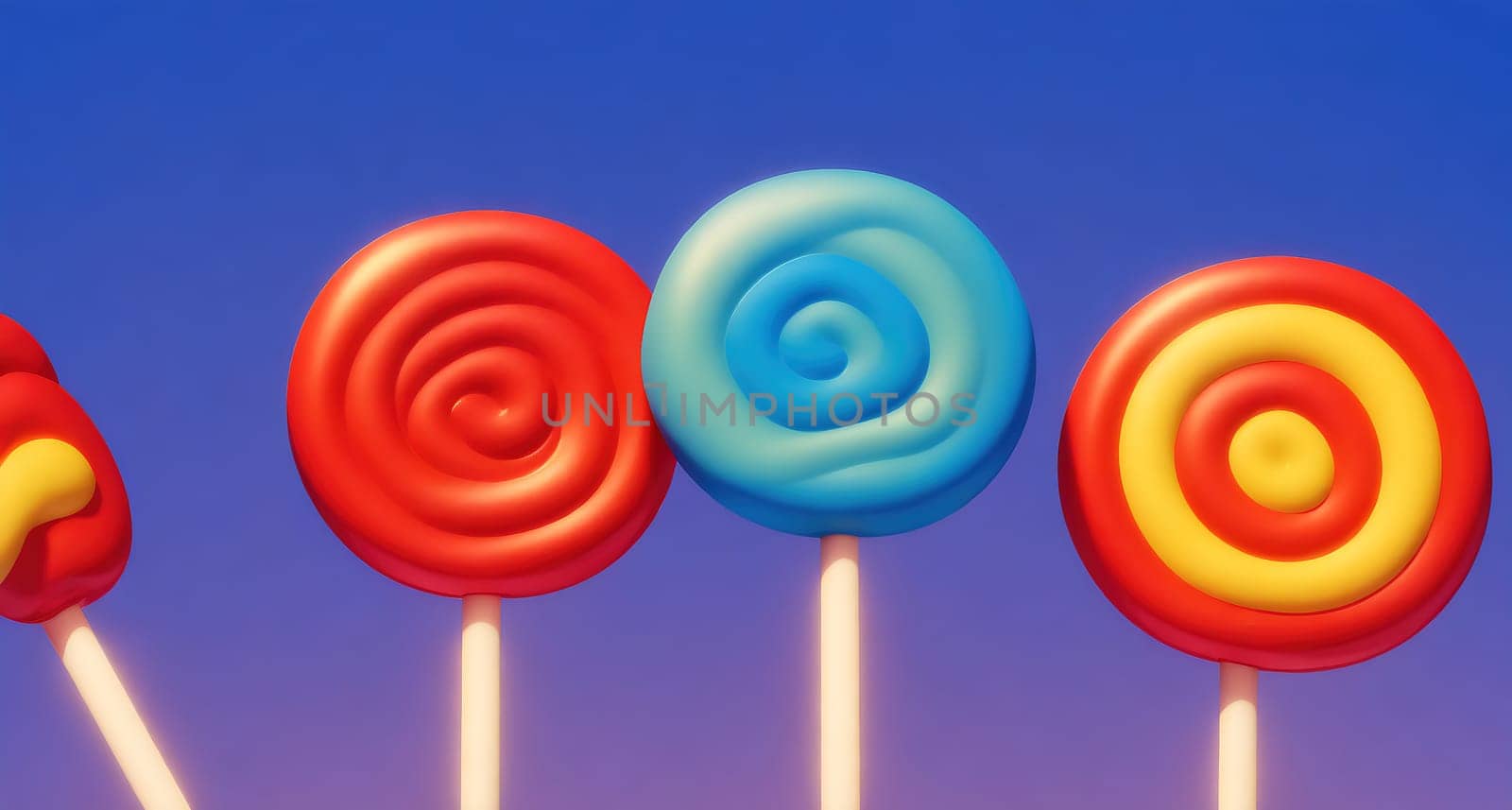 The image shows a group of colorful lollipops on a stick, each one with a different flavor and color.