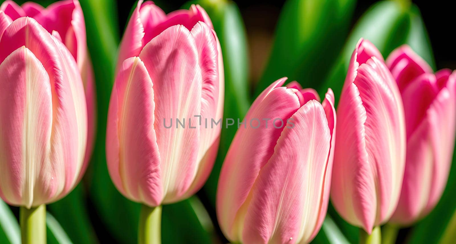 The image shows a group of pink tulips growing in a garden with green leaves and a sunny sky in the background.