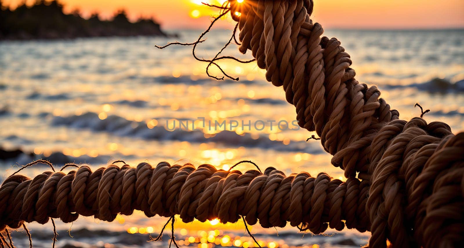 The image shows a rope hanging over a body of water with a sunset in the background.
