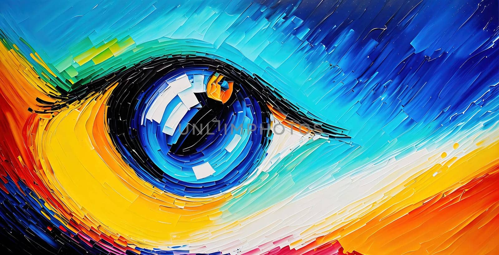 The image is a colorful painting of a womans eye with a long, curved eyelash and a droplet of water in the corner.