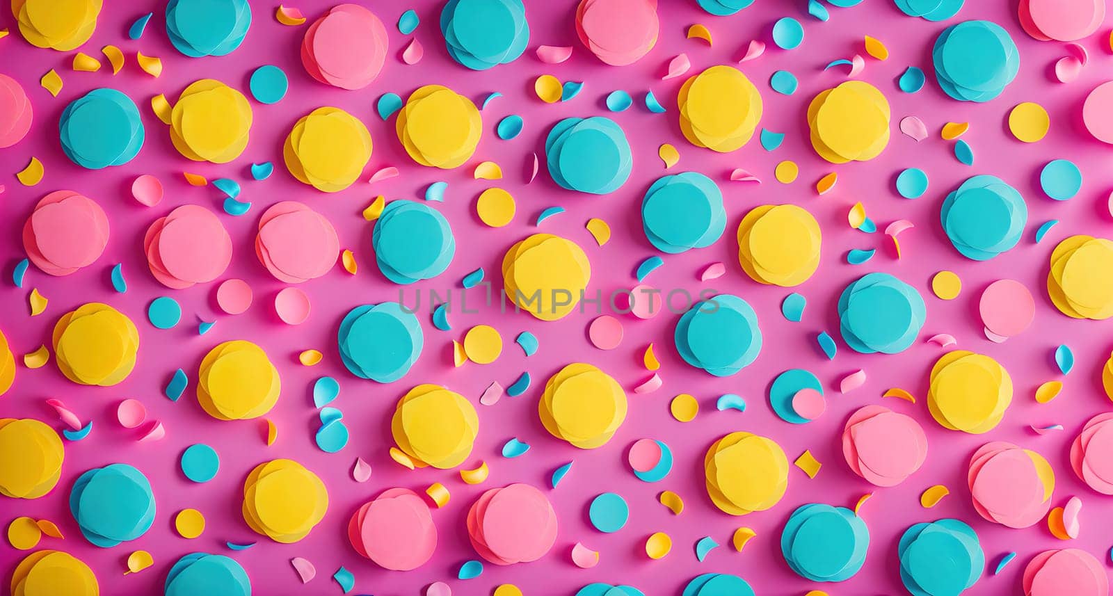 The image is a pink and blue polka dot background with yellow dots scattered throughout.