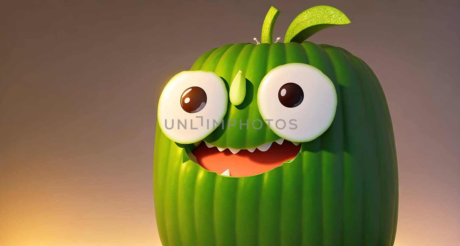 The image is a cartoon cucumber with a smiling face and a green body.