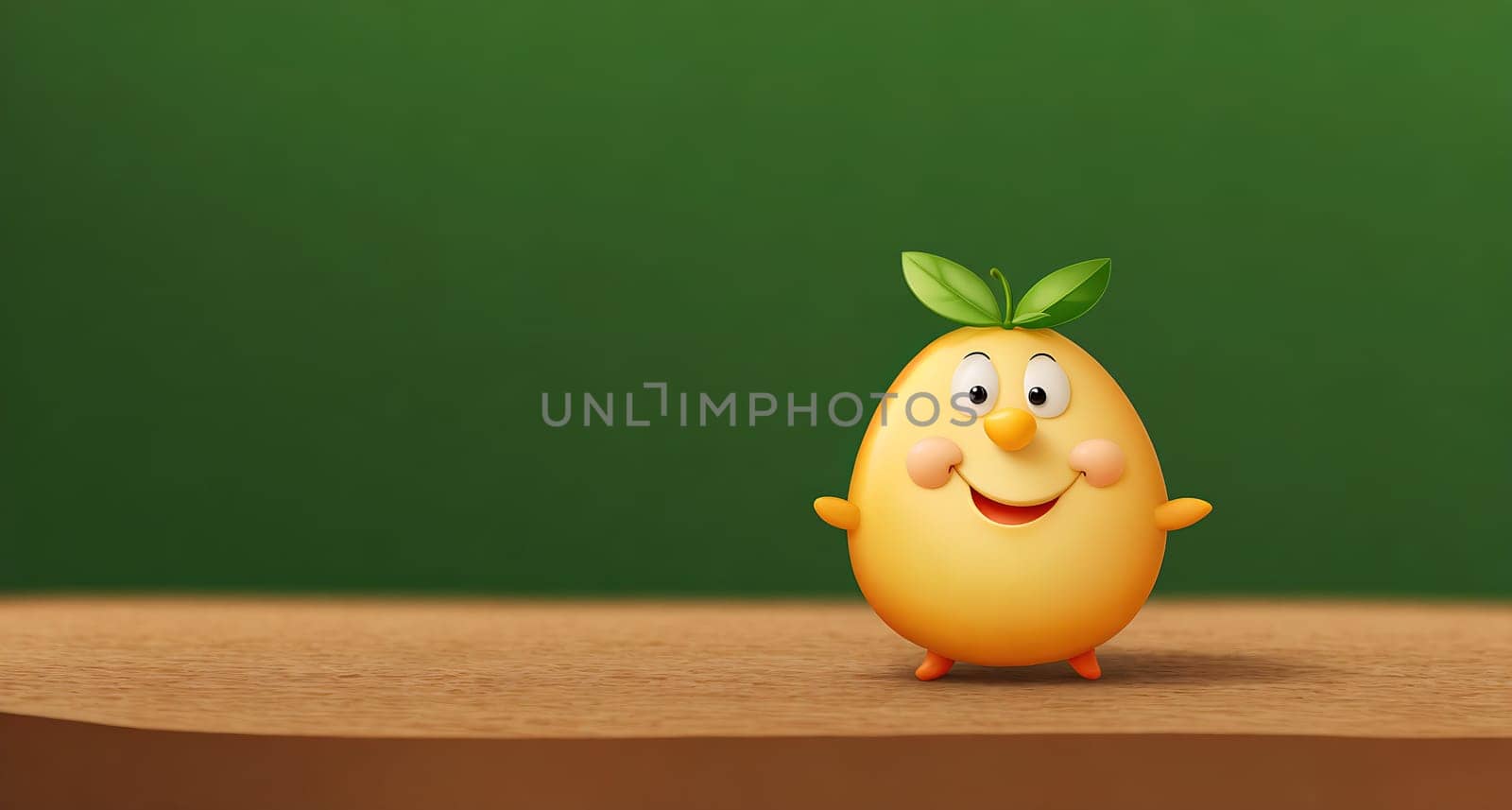 The image is of a cartoon character standing on a wooden surface with a green leaf on its head.