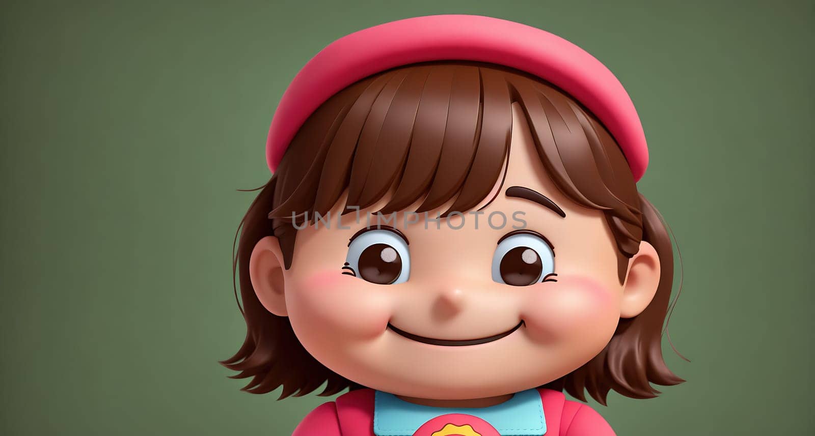 The image shows a cartoon girl wearing a pink dress and holding a red apple in her hand.