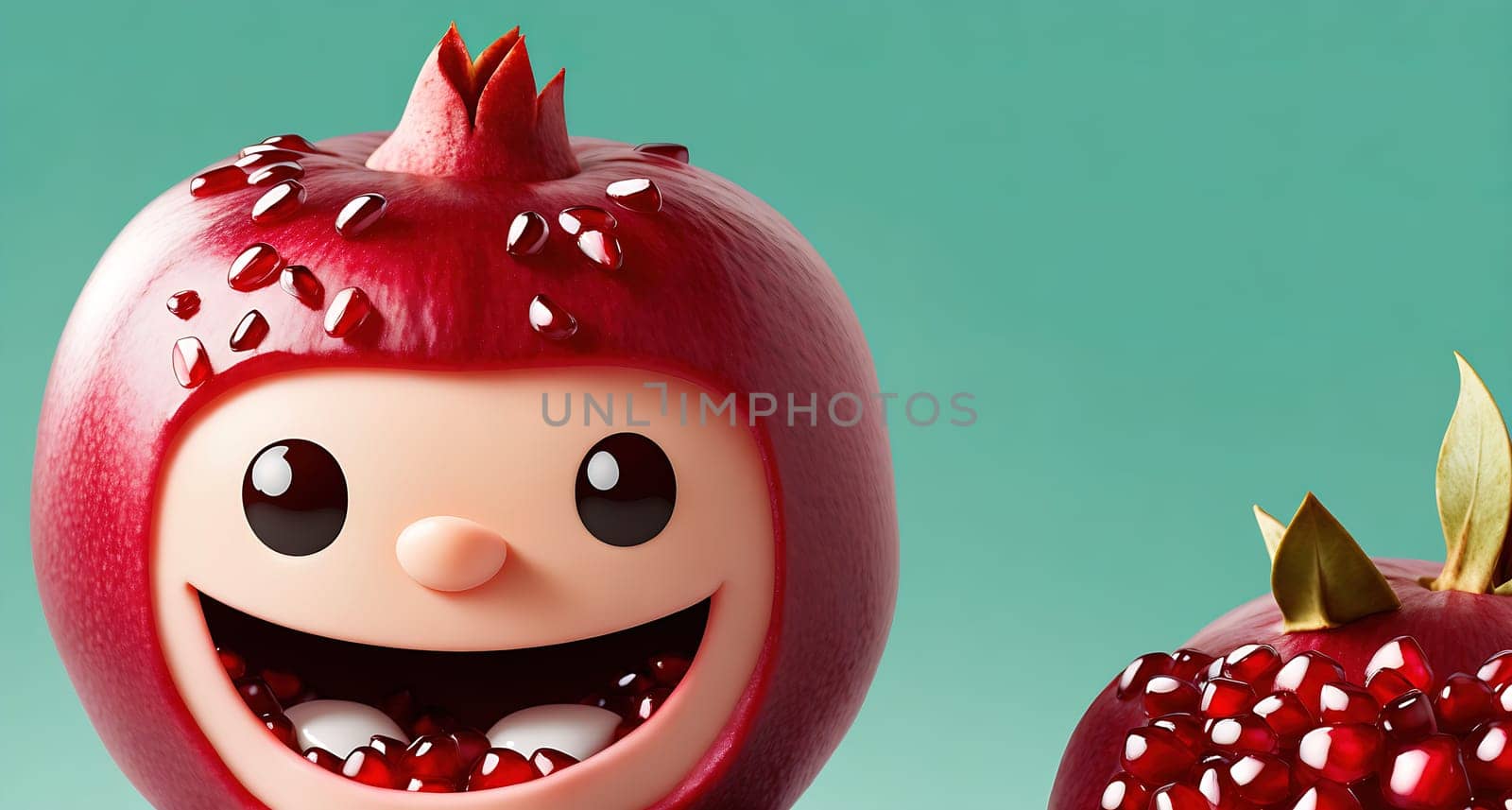 The image is a cartoon character made of pomegranate juice, with a big smile on its face.