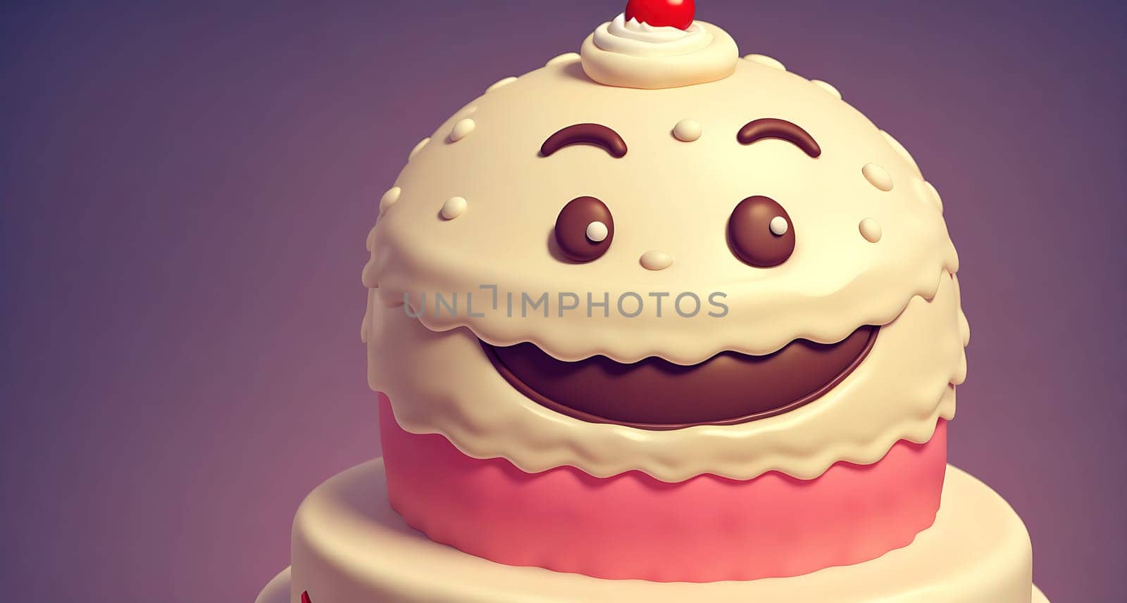 The image is a cake with a smiling face on top, made of white frosting and pink icing.