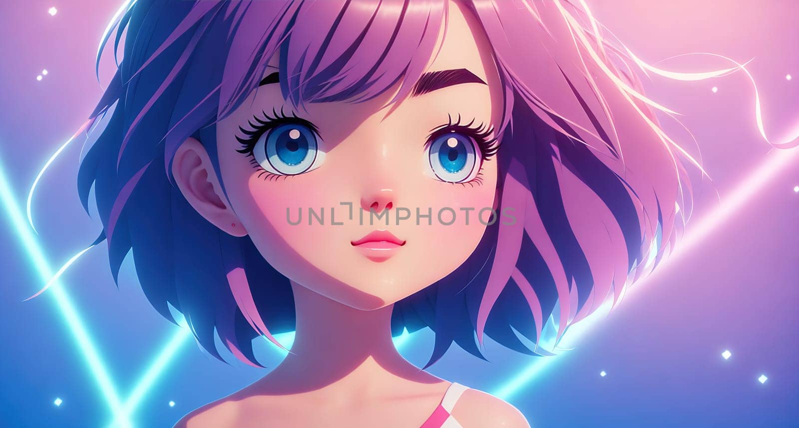 The image is of a young girl with pink hair and blue eyes standing in front of a purple background with stars and light beams.