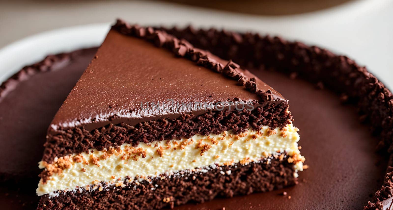 The image is a chocolate cake with white frosting on top.