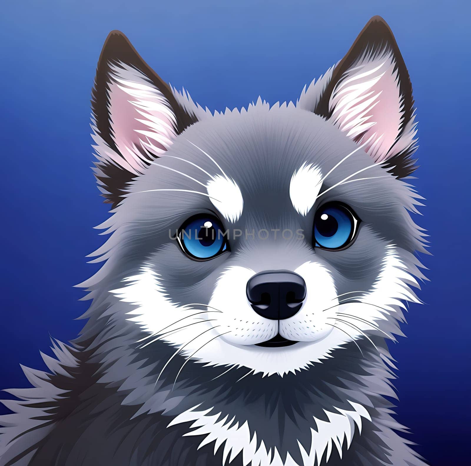The image is a cartoon illustration of a cute little husky puppy with blue eyes and a fluffy coat.
