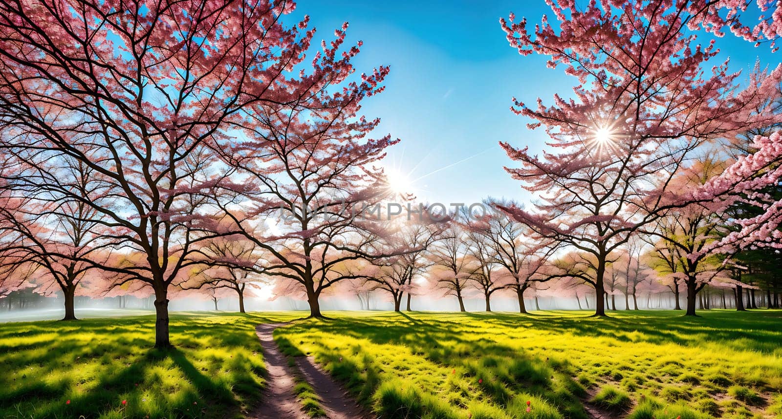 The image depicts a serene and peaceful scene with a group of trees in the foreground, their branches bare and swaying gently in the breeze, while the sun shines through the clouds in the background, casting a warm and inviting light on the grassy field.