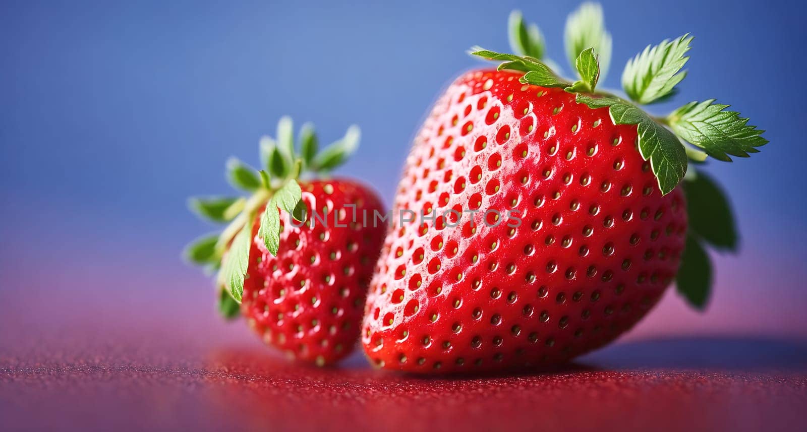 The image shows two strawberries on a red background, with one strawberry on the left and the other on the right.