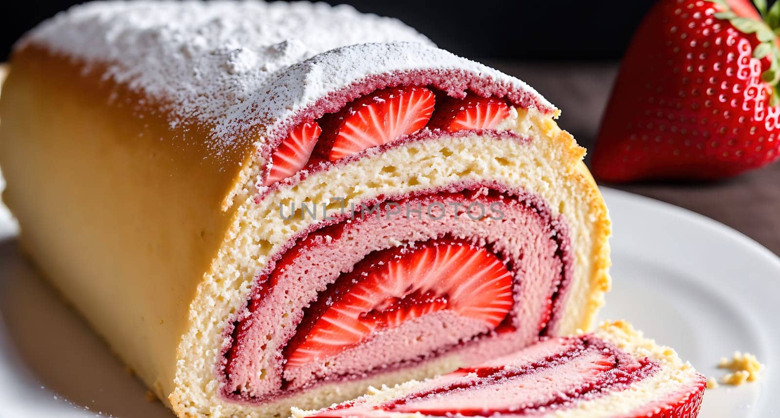 The image is a slice of strawberry sponge cake topped with whipped cream and strawberries.