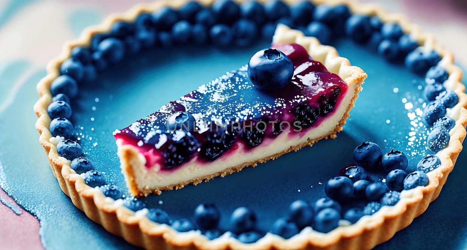 The image is a blueberry tart with a piece of blueberry cheesecake on top.