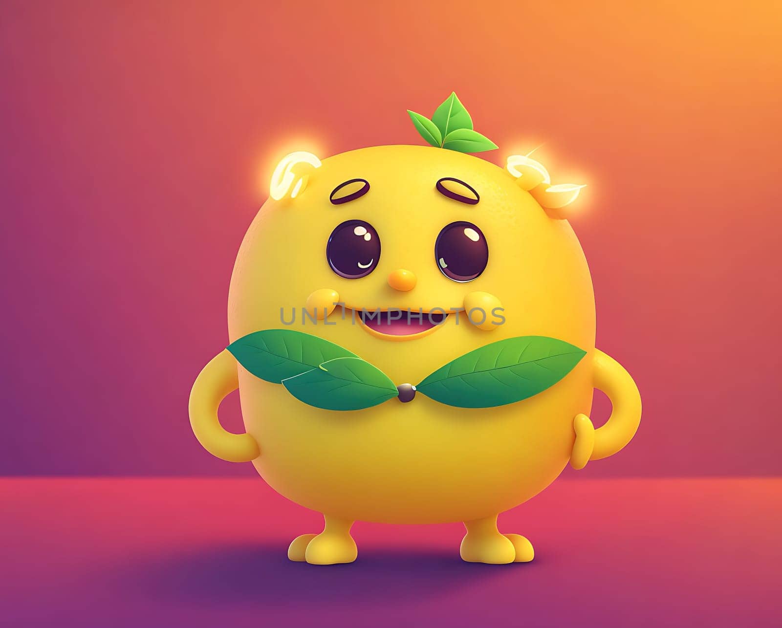 The image is a cartoon character wearing a green dress and holding a lemon in its hand, with a smile on its face.