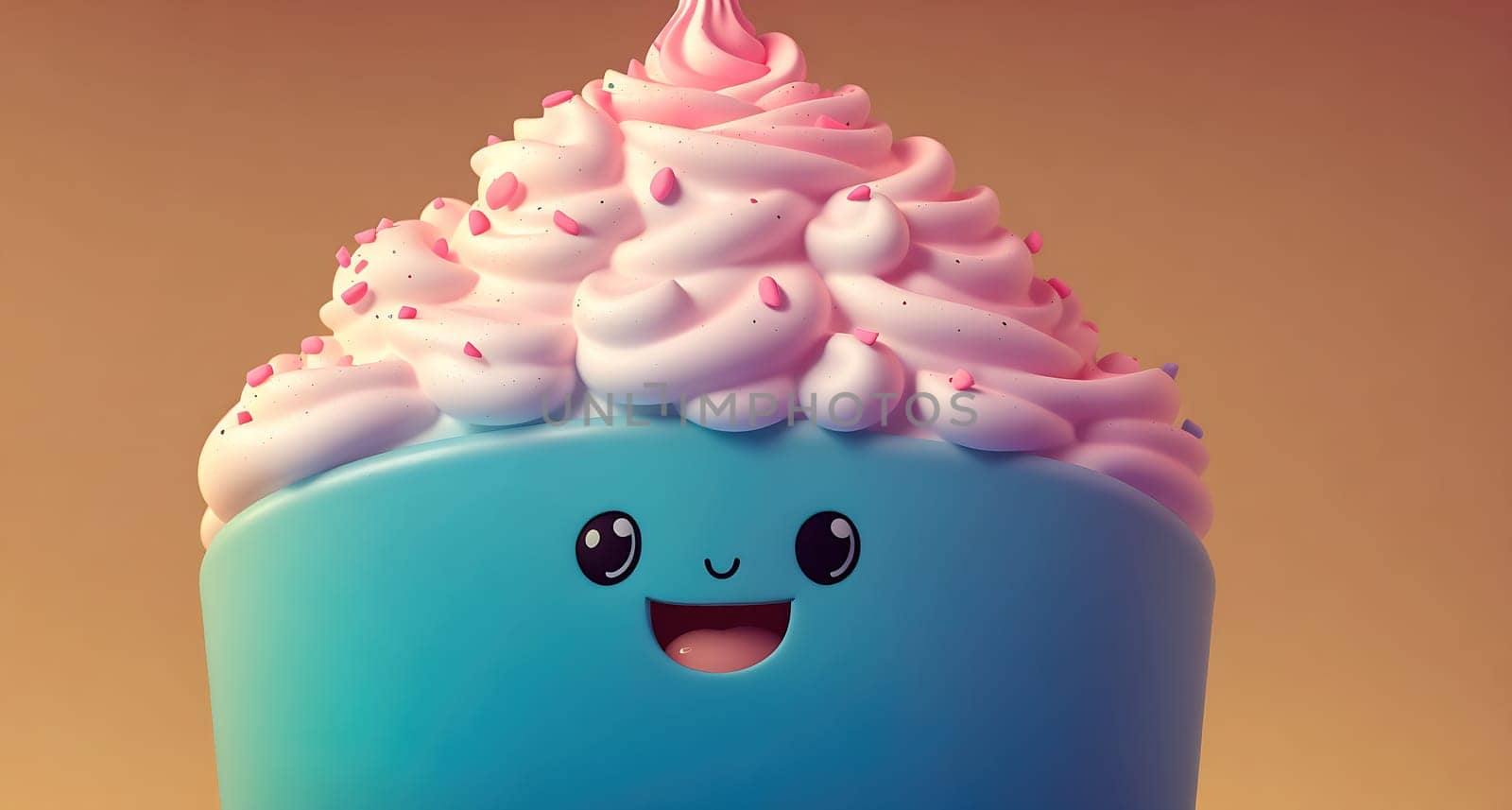 The image is a cartoon ice cream cone with a smiling face and pink and white swirls on top.