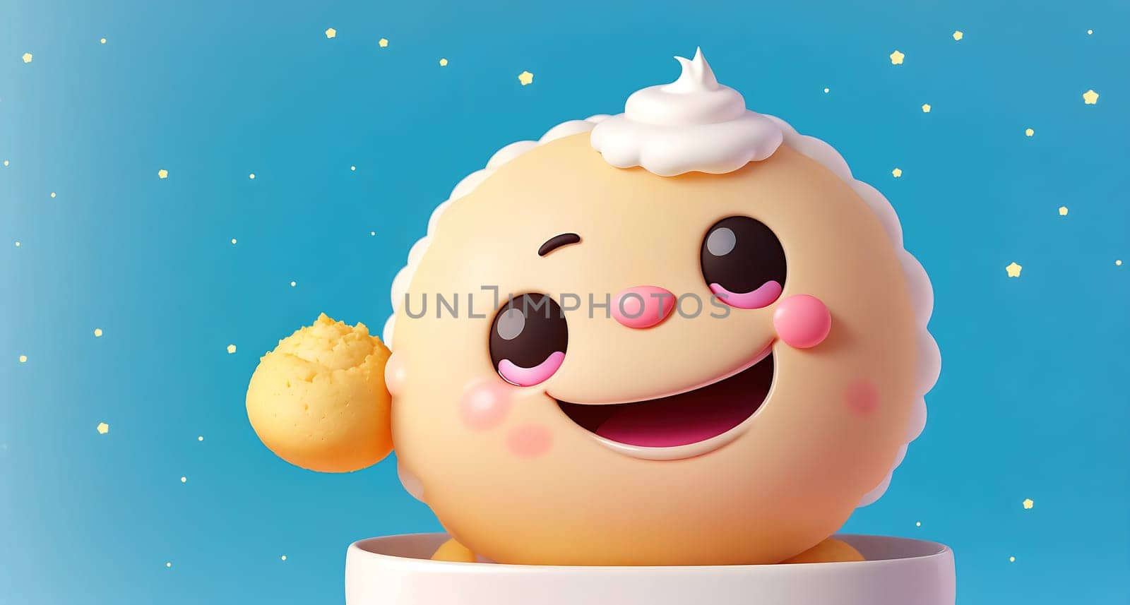 The image is a cartoon image of a cute, smiling ice cream cone with a pink and white design.