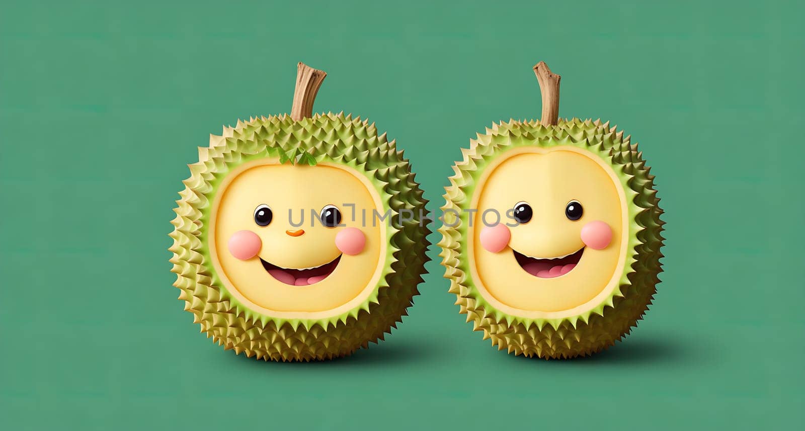 The image shows two smiling durians, one with a smile on its face and the other with a smile on its body.