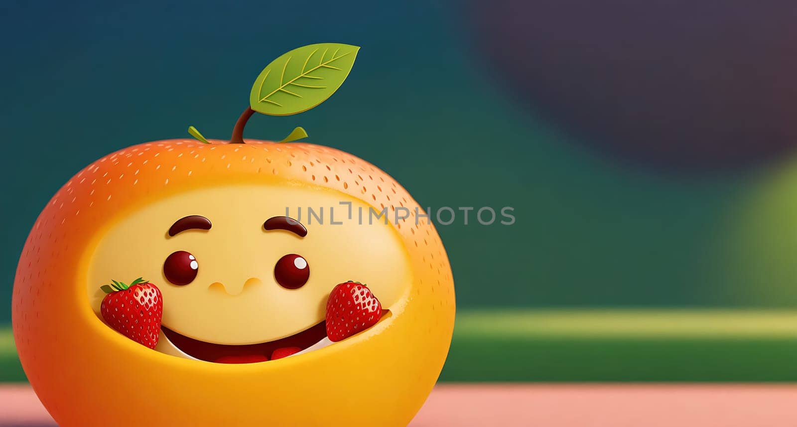 The image is of a smiling orange with a strawberry on its face.