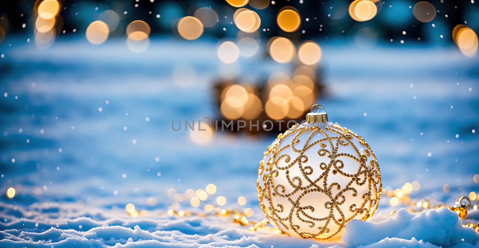 The image shows a white ornament hanging from a branch in a snowy landscape with blurred lights in the background.