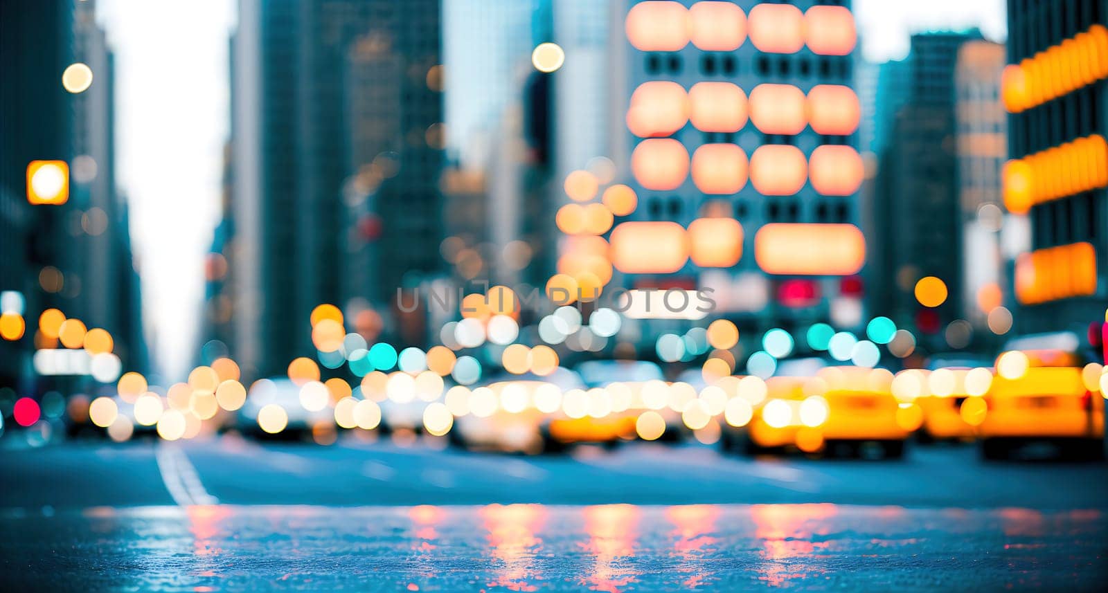 The image shows a busy city street with blurry lights and buildings in the background.