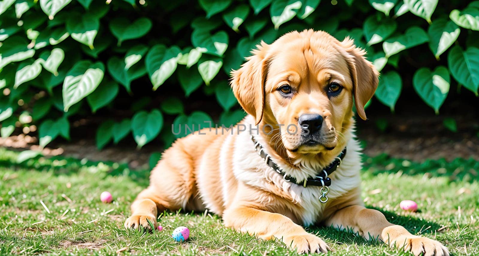 The image shows a golden retriever puppy lying on the grass with its head resting on its paws, looking up at the camera.