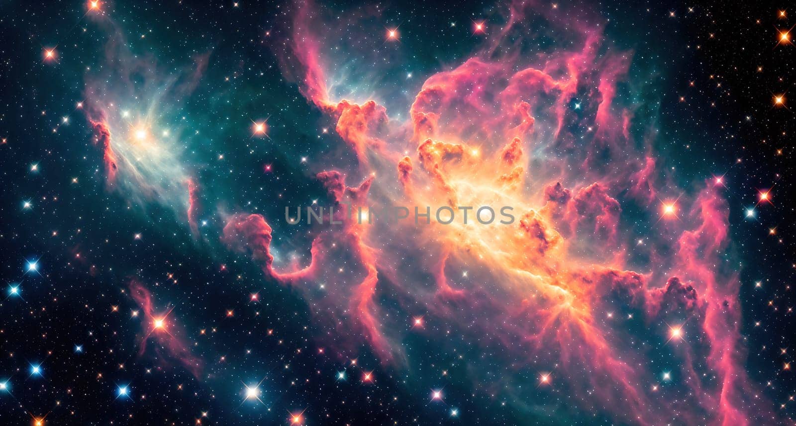 The image is a pink nebula with stars and galaxies in the background.