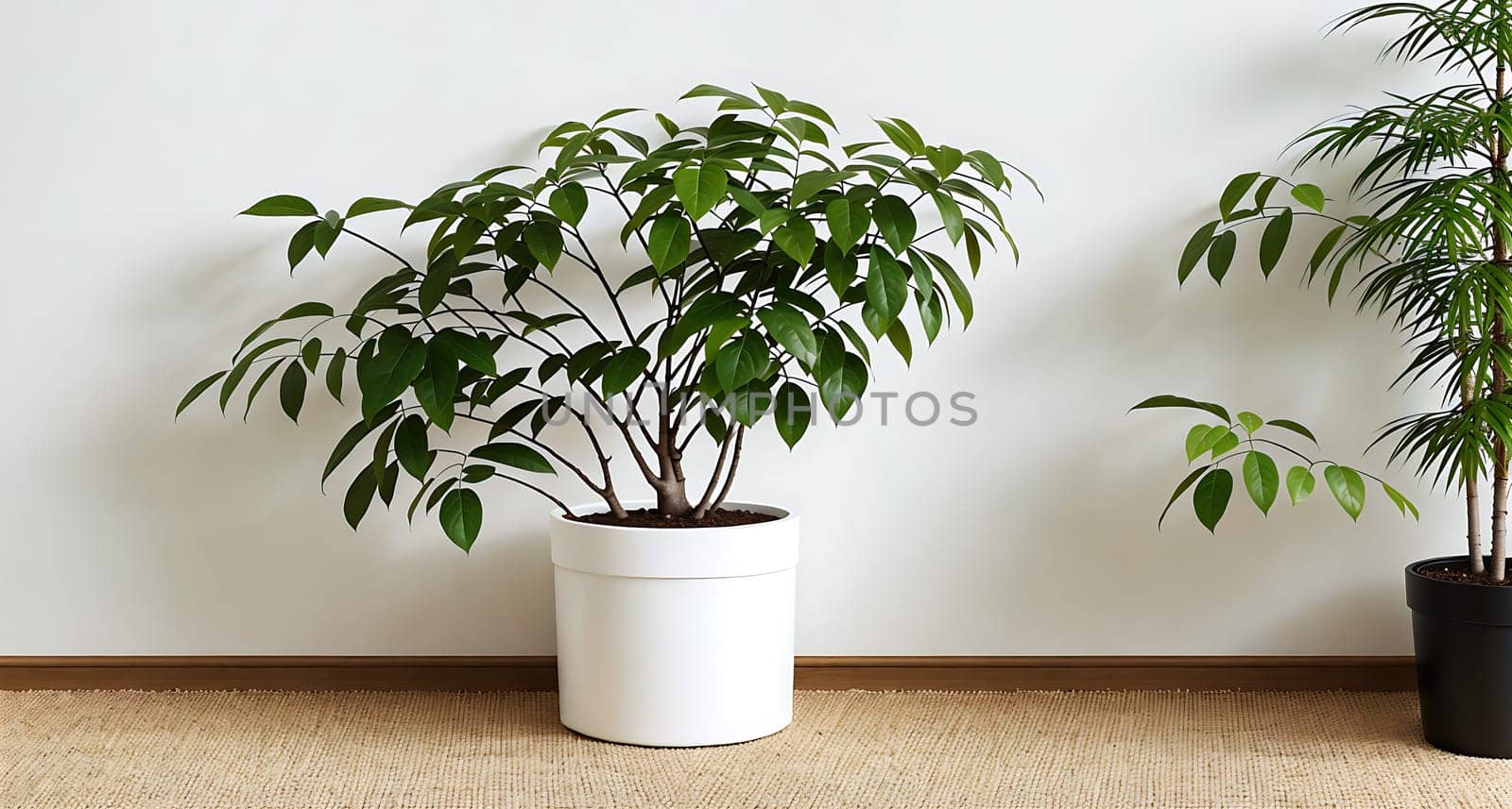 The image shows a room with a white wall, a brown floor, and two potted plants on a shelf.