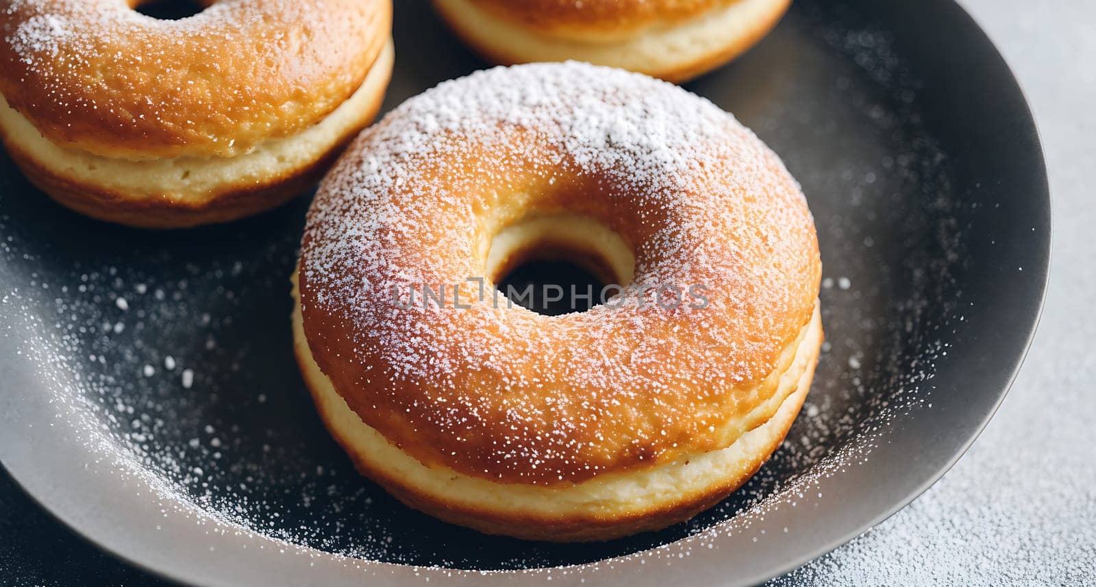 The image shows a plate with three glazed doughnuts on it.