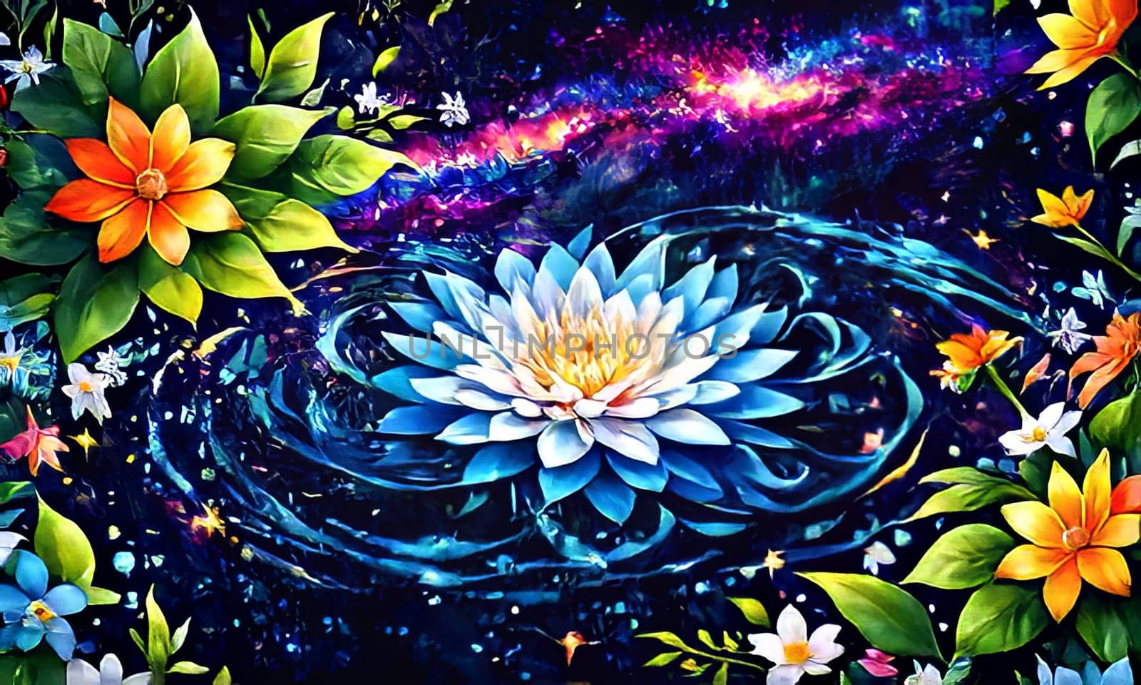 Beautiful array of colorful flowers gracefully floating in serene water, creating tranquil, visually striking scene. For interior design, decoration, art, advertising, web design, illustration book