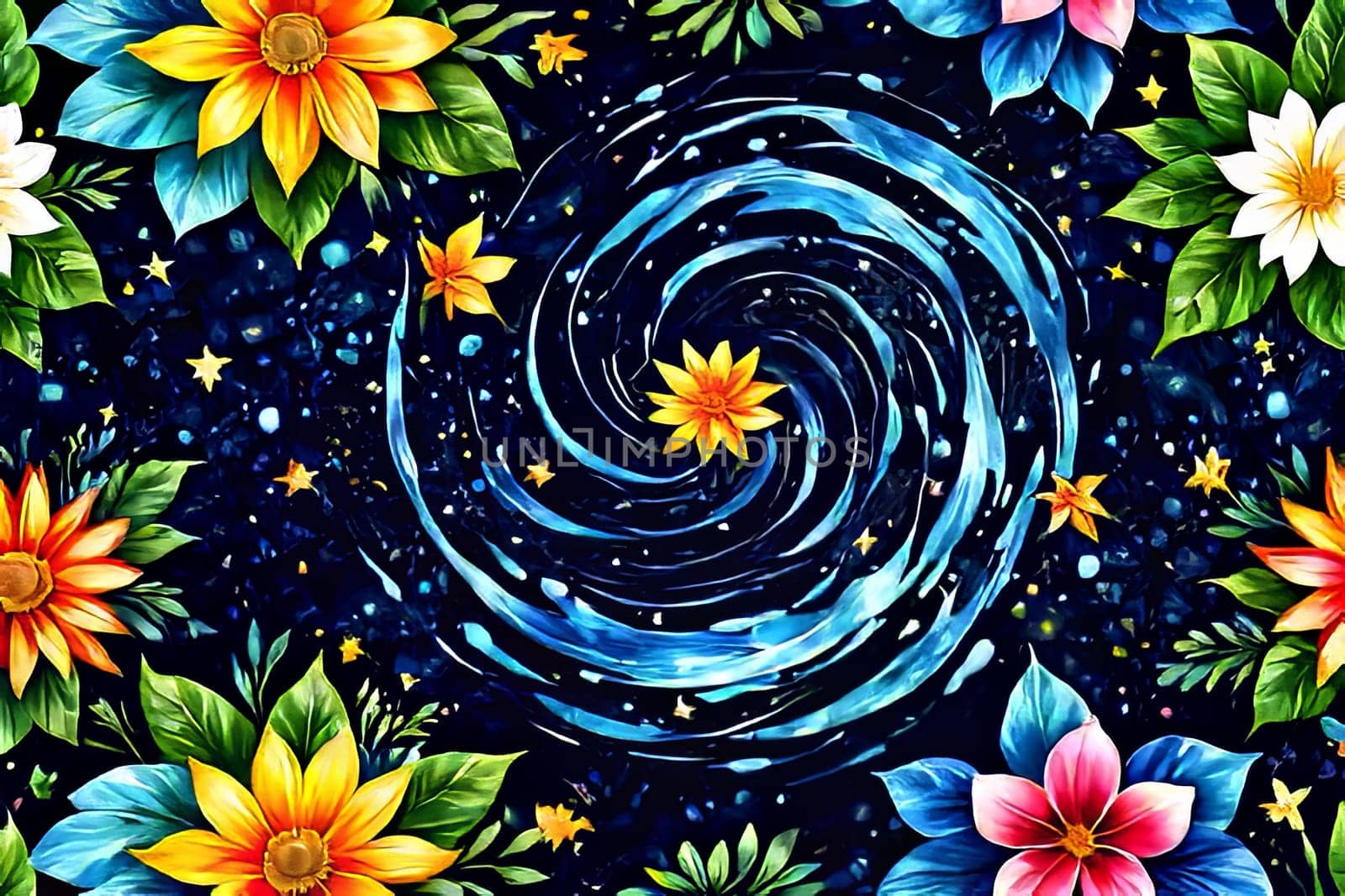 Painting of vibrant flowers floating in water, sense of peace, beauty in nature. For art, creative projects, fashion, style, advertising campaigns, blogs, social media, web design, print, magazine