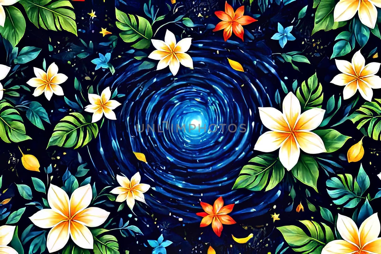 Beautiful array of colorful flowers gracefully floating in serene water, creating tranquil, visually striking scene. For interior design, decoration, art, advertising, web design, illustration book