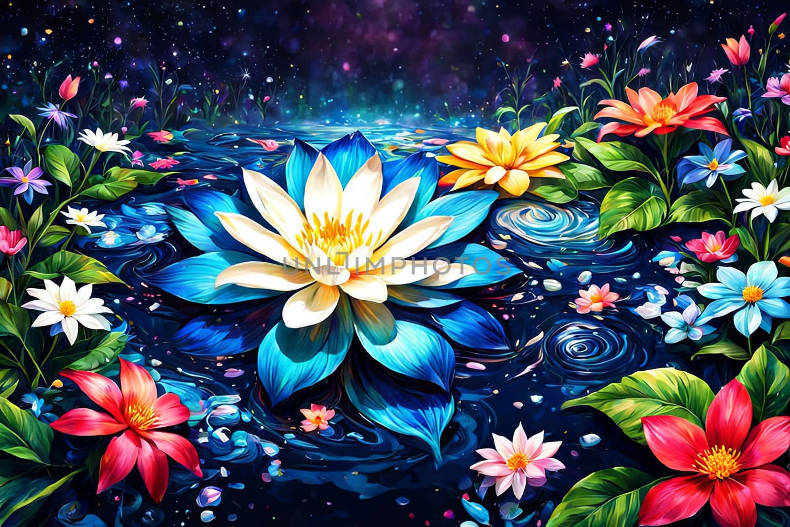 Beautiful array of colorful flowers gracefully floating in serene water, creating tranquil, visually striking scene. For interior design, decoration, art, advertising, web design, illustration book