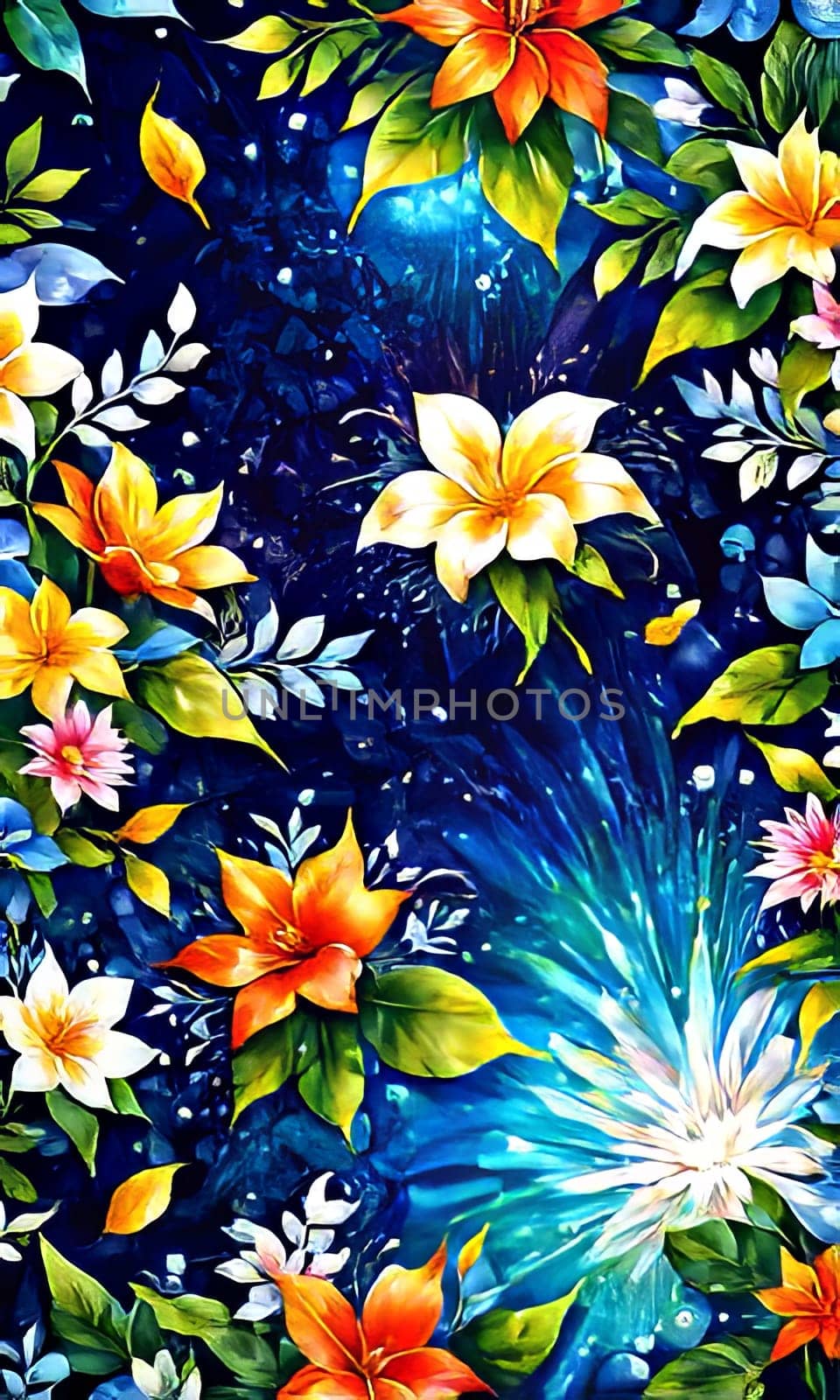 Serene lotus flowers gracefully positioned against backdrop of night sky filled with twinkling stars, creating beautiful, dreamy scene. For interior design, textiles, clothing, gift wrapping, print. by Angelsmoon