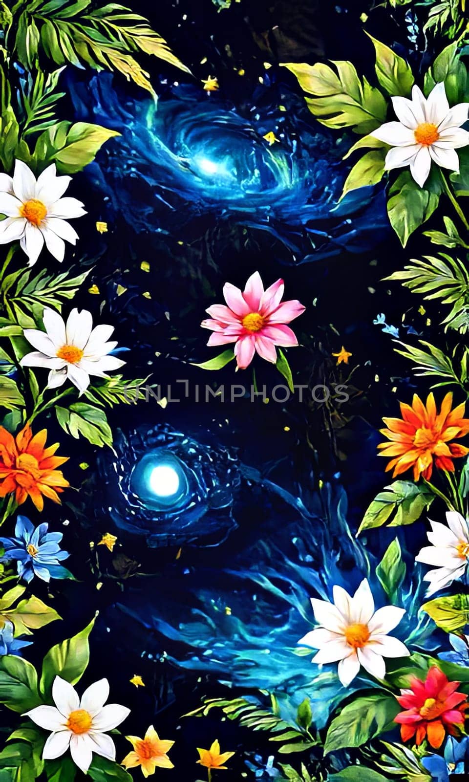 Serene lotus flowers amidst backdrop of twinkling stars. Enchanting scene that symbolizes purity, enlightenment, tranquility. For home interior room to add bright colors, coziness, gift wrapping. by Angelsmoon