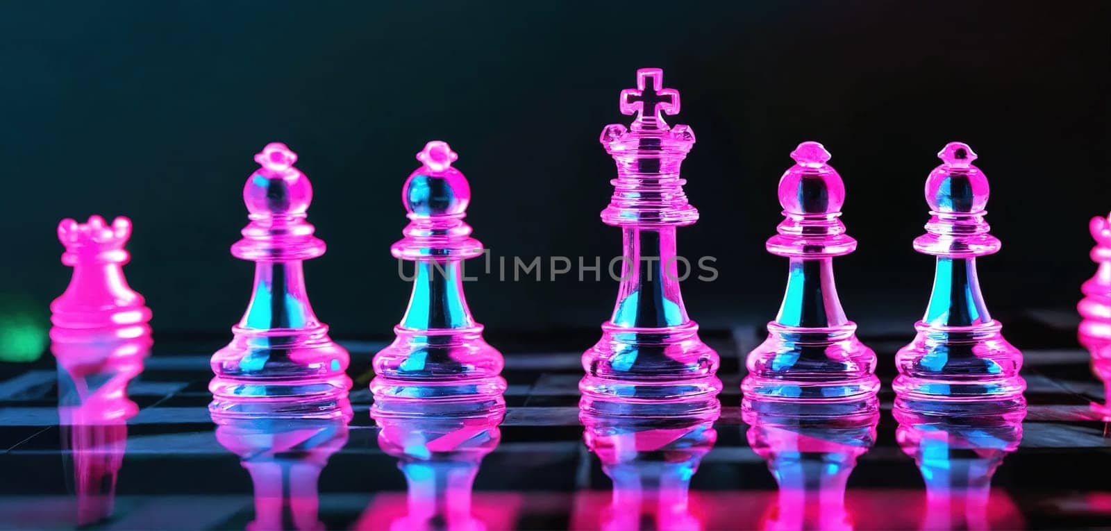 Neon chess on a glass board. Generative AI by gordiza