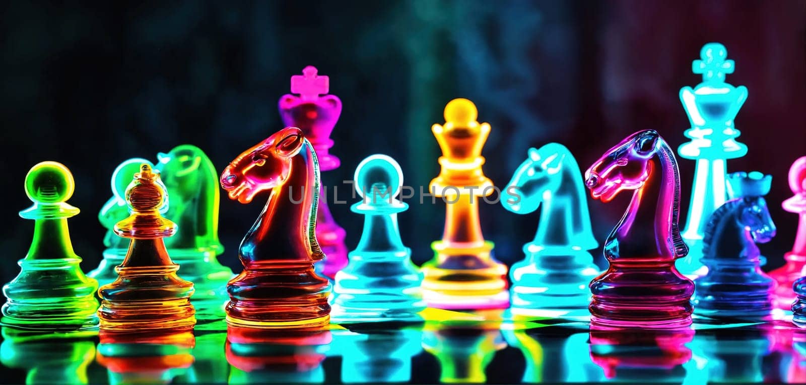 Neon chess on a glass board. Generative AI by gordiza