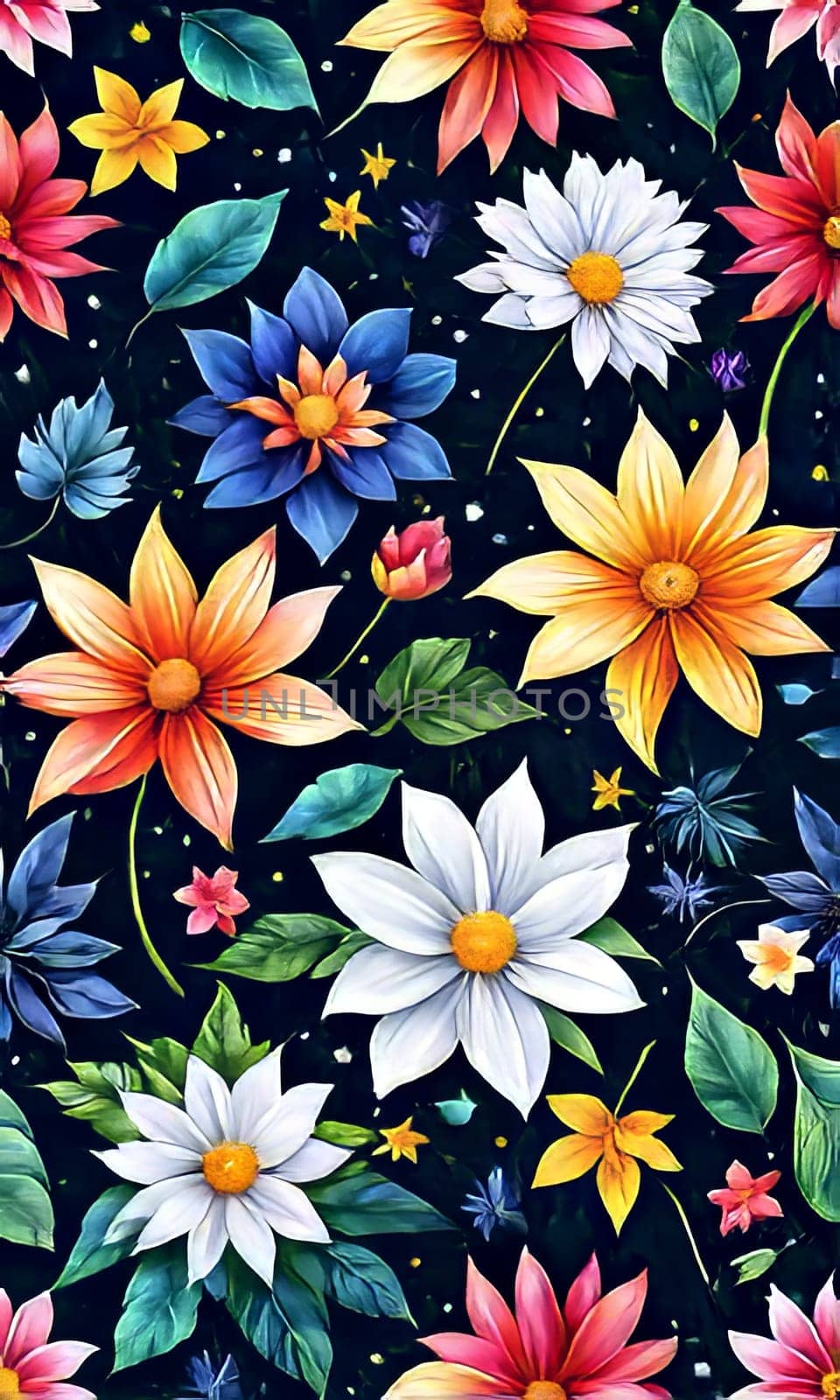 Image features striking contrast between vivid colors of flowers, dark backdrop, creating visually appealing, dramatic composition. For interior design, textiles, clothing, gift wrapping, web design