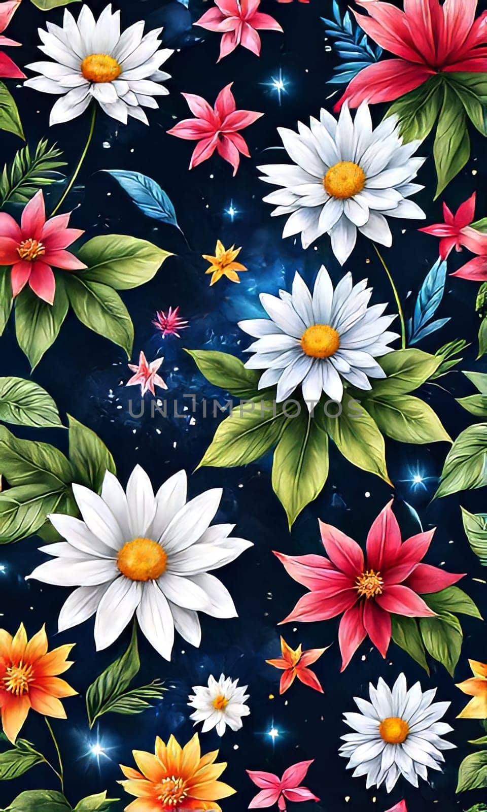 Vibrant flower painting set against dark backdrop. Bright colors of flowers pop out, creating visually appealing, captivating piece of artwork. For art, creative projects, fashion, style, magazines