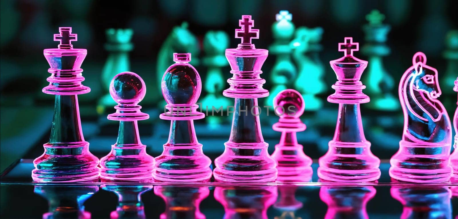 Neon chess on a glass board. Generative AI by gordiza