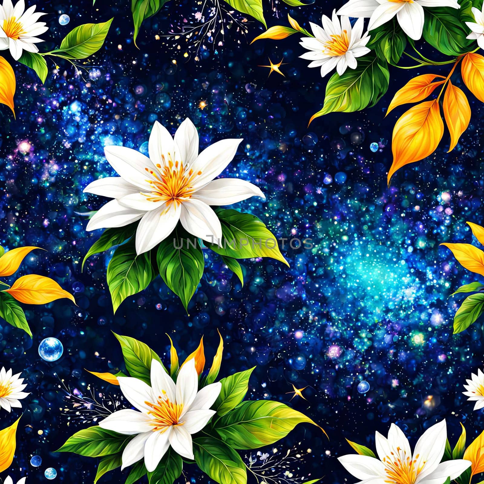 Serene lotus flowers on blue background adorned with stars. Starry background adds sense of mystery, magic to overall impression of image. For art, creative projects, fashion, style, social media