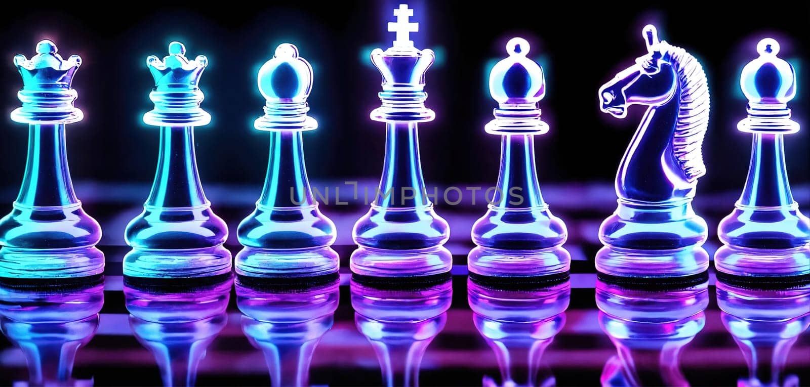Neon chess on a glass board. Generative AI by gordiza