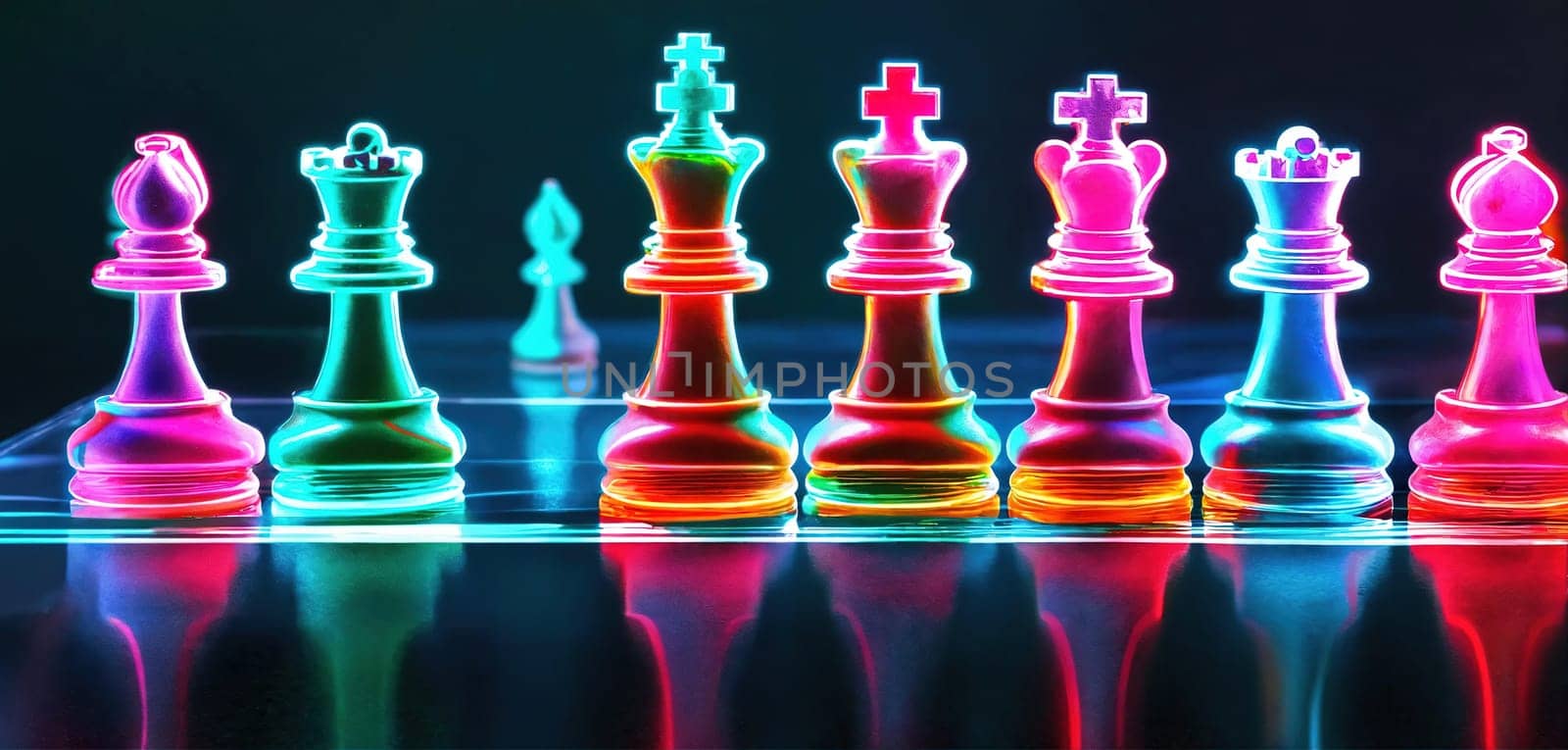 Neon chess on a glass board. Generative AI by gordiza