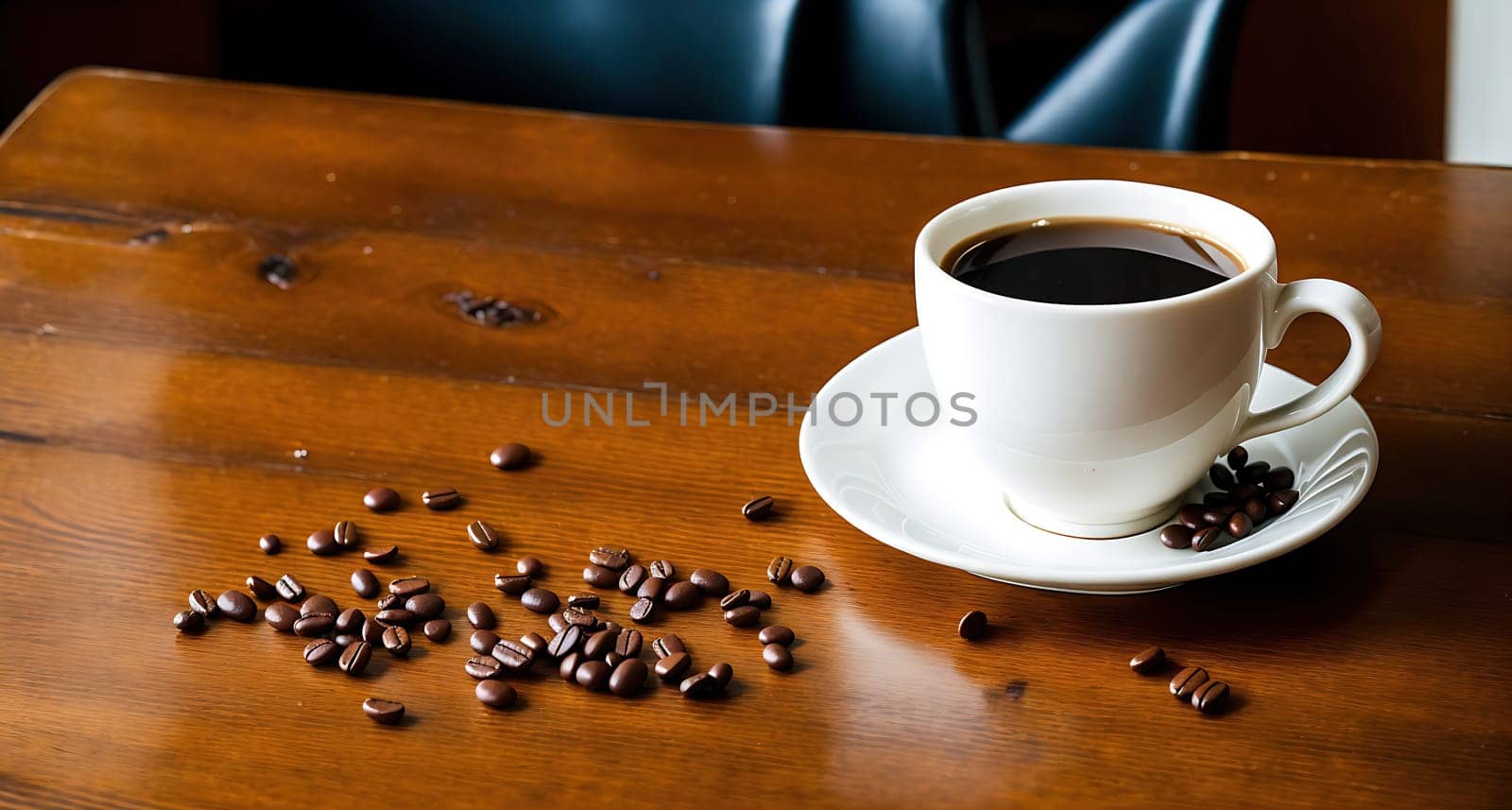 The image shows a white cup of coffee sitting on a wooden table surrounded by scattered coffee beans.