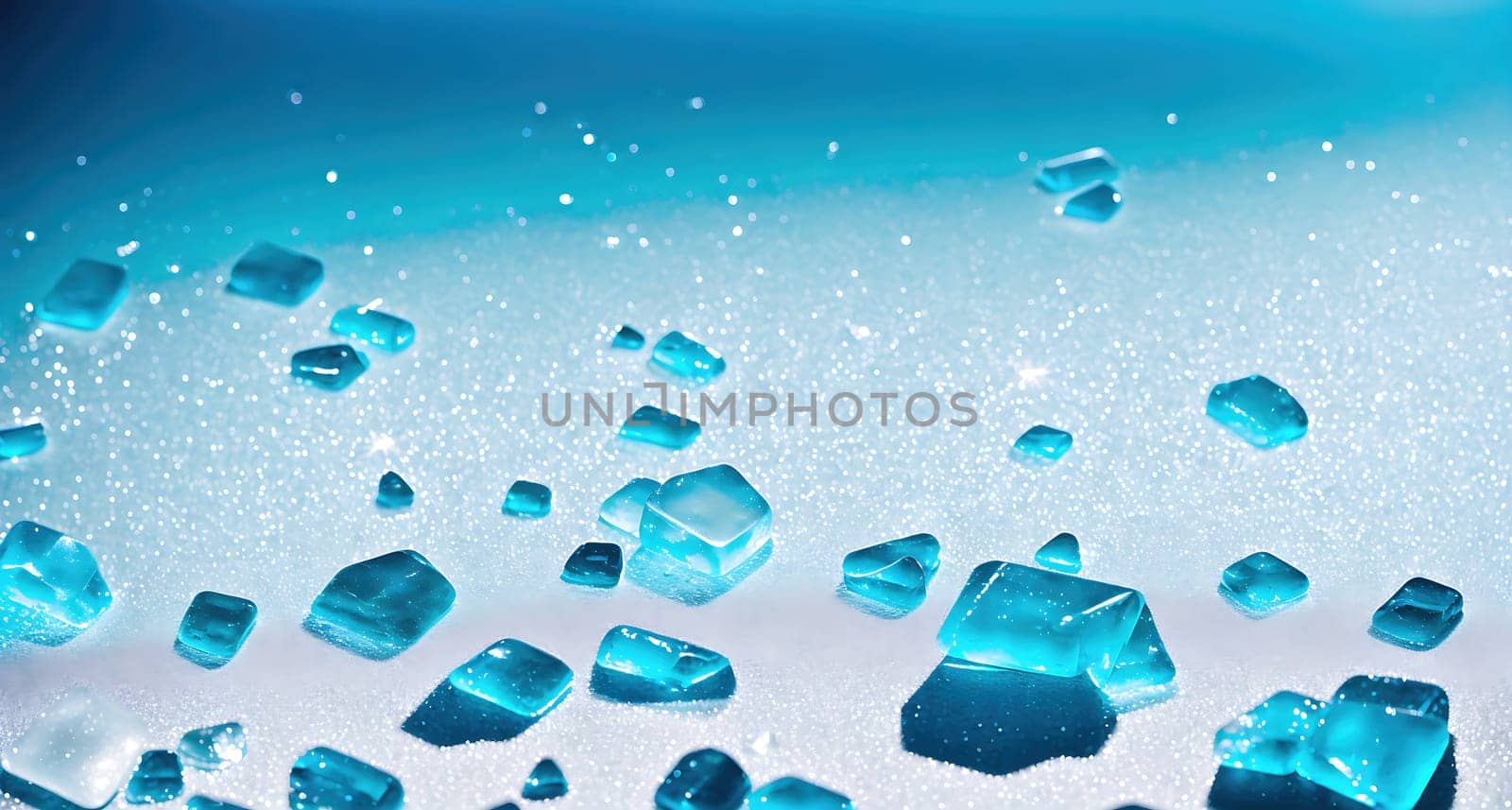 The image depicts a group of blue ice cubes floating in mid-air, with some of them falling towards the ground.